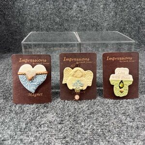Lot Of 3 Impressions by Carol Jones Ceramic Magnets 2008 Heart, Angel & Cross